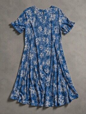 Women's Blue Floral A-Line Dress Large Short Sleeve Keyhole Back Casual Midi